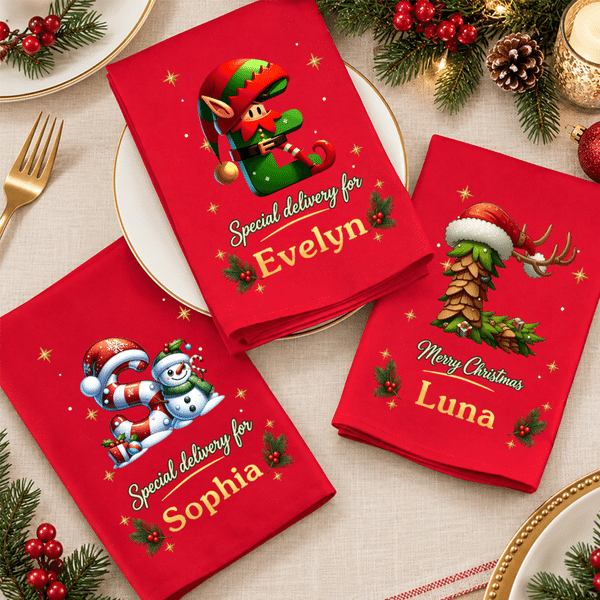 Personalized Christmas Theme Cute Snowman Elf Initial 100% Cotton Red Napkin with Name Table Decor Christmas Gift for Family Friends
