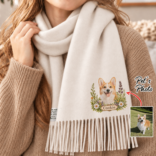 Personalised Multicolour Pet Portrait Floral Design Soft Tassel Scarf Shawl with Name Winter Accessory Christmas Gift for Pet Owners Lovers