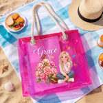 Personalized Cartoon Photo Birth Flower Waterproof Clear Tote Bag with Name Beach Party Holiday Birthday Gift for Brides Sisters Women 3