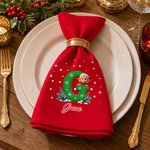 Servilleta personalizada con dibujo de un personaje con gorro navideño de dibujos animados, 100 % algodón, con iniciales y nombre; regalo de decoración navideña para el hogar, ideal para la familia y los niños 6