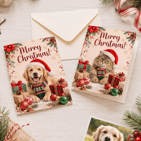 Personalized Merry Christmas Santa Hat Pet Photo Greeting Card with Name and Text Christmas Party Gift for Pet Owners Lovers Family