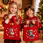 Personalized Christmas Theme Stocking Initial Large Capacity Red Jute Tote Bag with Name Christmas Party Gift for Kids Friends