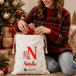 Personalized Cute Christmas Fairy Initial Canvas Drawstring Gift Bag with Name Christmas Party Gift for Kids Girls