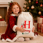 Personalized Cute Christmas Fairy Initial Canvas Drawstring Gift Bag with Name Christmas Party Gift for Kids Girls