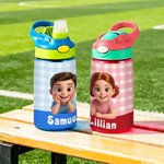 Personalised Cartoon Character Photo Water Bottle with Name and Silicone Straw Outdoor Activities Birthday Back to School Gift for Students Kids