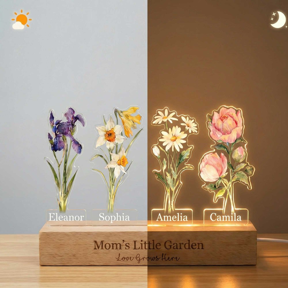 Personalised Dainty 1-8 Birth Flowers Acrylic LED Night Light with 1-8 Names and Wooden Base Christmas Birthday Gift for Mum Gran 6