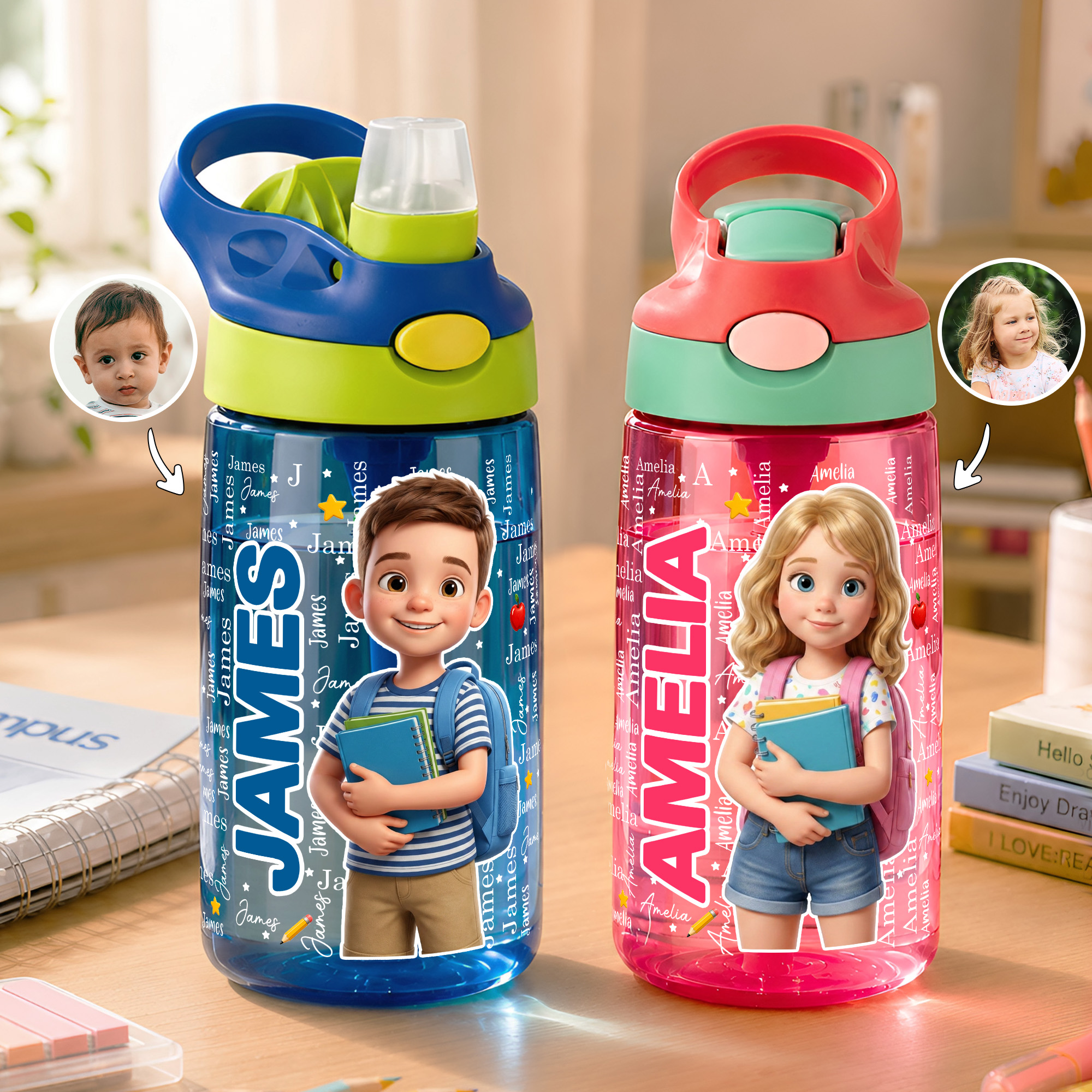 Personalized 3D-Style Design Cartoon Photo 16 oz Kid Water Bottle with Name and Silicone Straw Back to School Birthday Gift for Boys Girls