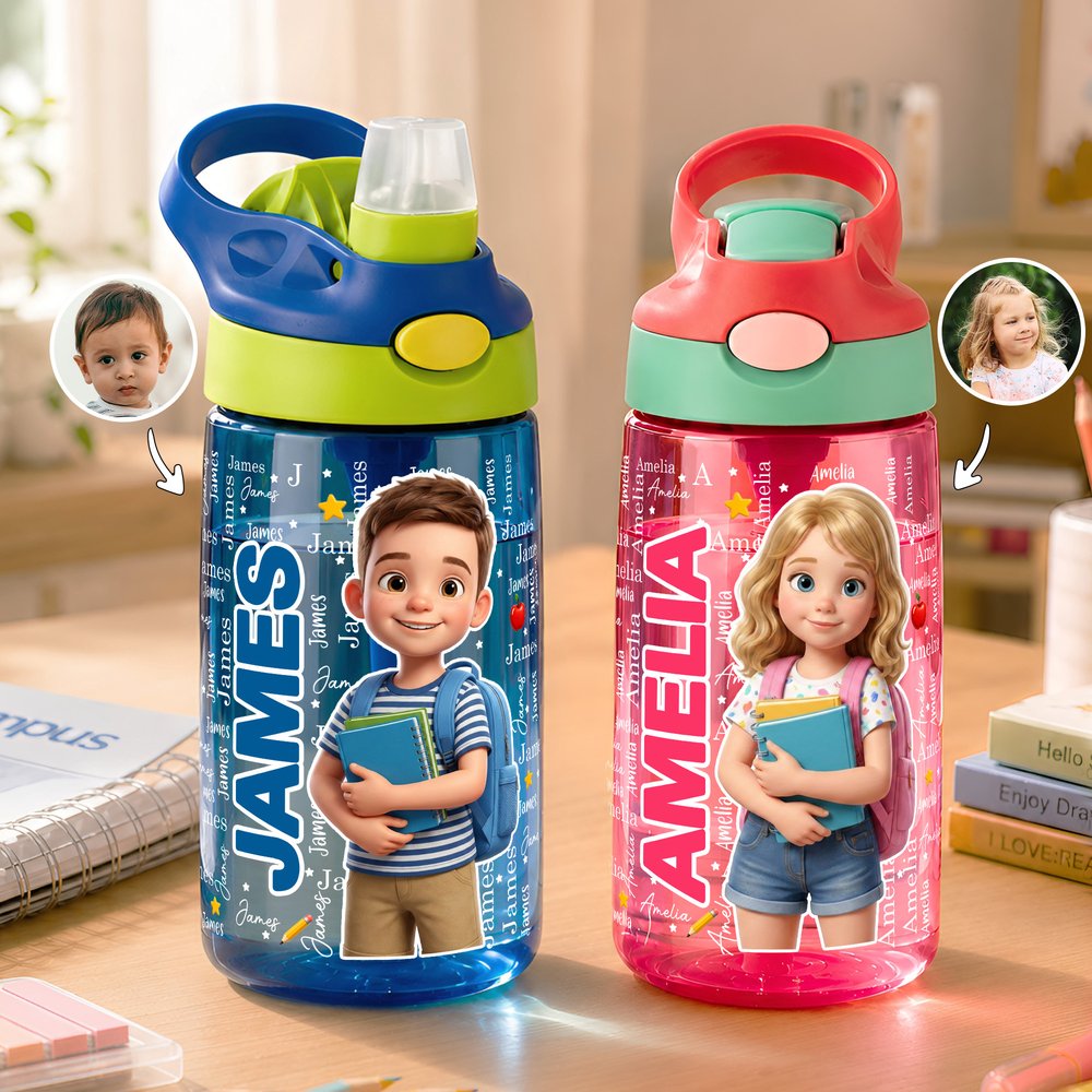 Personalized 3D-Style Design Cartoon Photo 16 oz Kid Water Bottle with Name and Silicone Straw Back to School Birthday Gift for Boys Girls 1