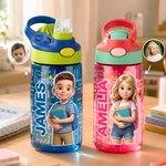 Personalized 3D-Style Design Cartoon Photo 16 oz Kid Water Bottle with Name and Silicone Straw Back to School Birthday Gift for Boys Girls 1