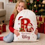 Personalised Merry Christmas Santa Claus Canvas Drawstring Gift Bag with Name and Initial Christmas Eve Party Gift for Kid