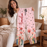 Personalised Birth Flower Book Lover Soft Pyjama Bottoms with Name Daily Wear Birthday Christmas Gift for Bookworms Women Girls