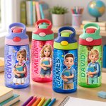 Personalized 3D-Style Design Cartoon Photo 16 oz Kid Water Bottle with Name and Silicone Straw Back to School Birthday Gift for Boys Girls 6