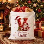Personalised Merry Christmas Santa Claus Canvas Drawstring Gift Bag with Name and Initial Christmas Eve Party Gift for Kid