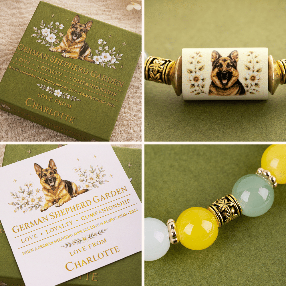 Juego de caja de regalo, tarjeta y pulsera personalizada con cuentas de cristal e ilustraciones de razas de perros, con nombre; regalo conmemorativo para mamás de perros y amantes de las mascotas 5