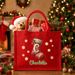 Personalized Christmas Theme Stocking Initial Large Capacity Red Jute Tote Bag with Name Christmas Party Gift for Kids Friends