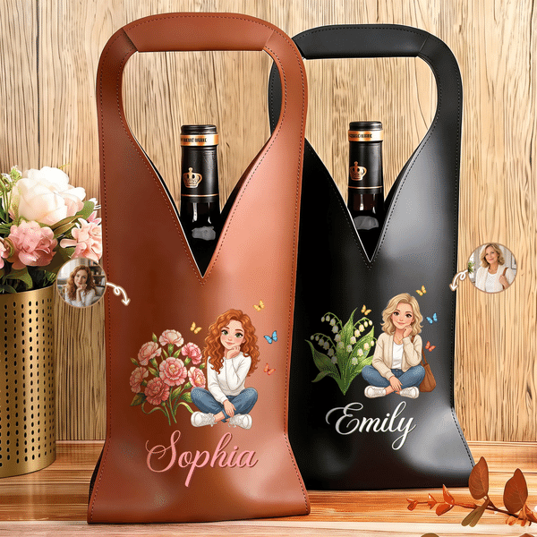 Sac de protection pour bouteille de vin en cuir PU personnalisé, orné d'un personnage de dessin animé et d'une fleur symbolisant le mois de naissance, avec prénom : cadeau d'anniversaire ou de mariage