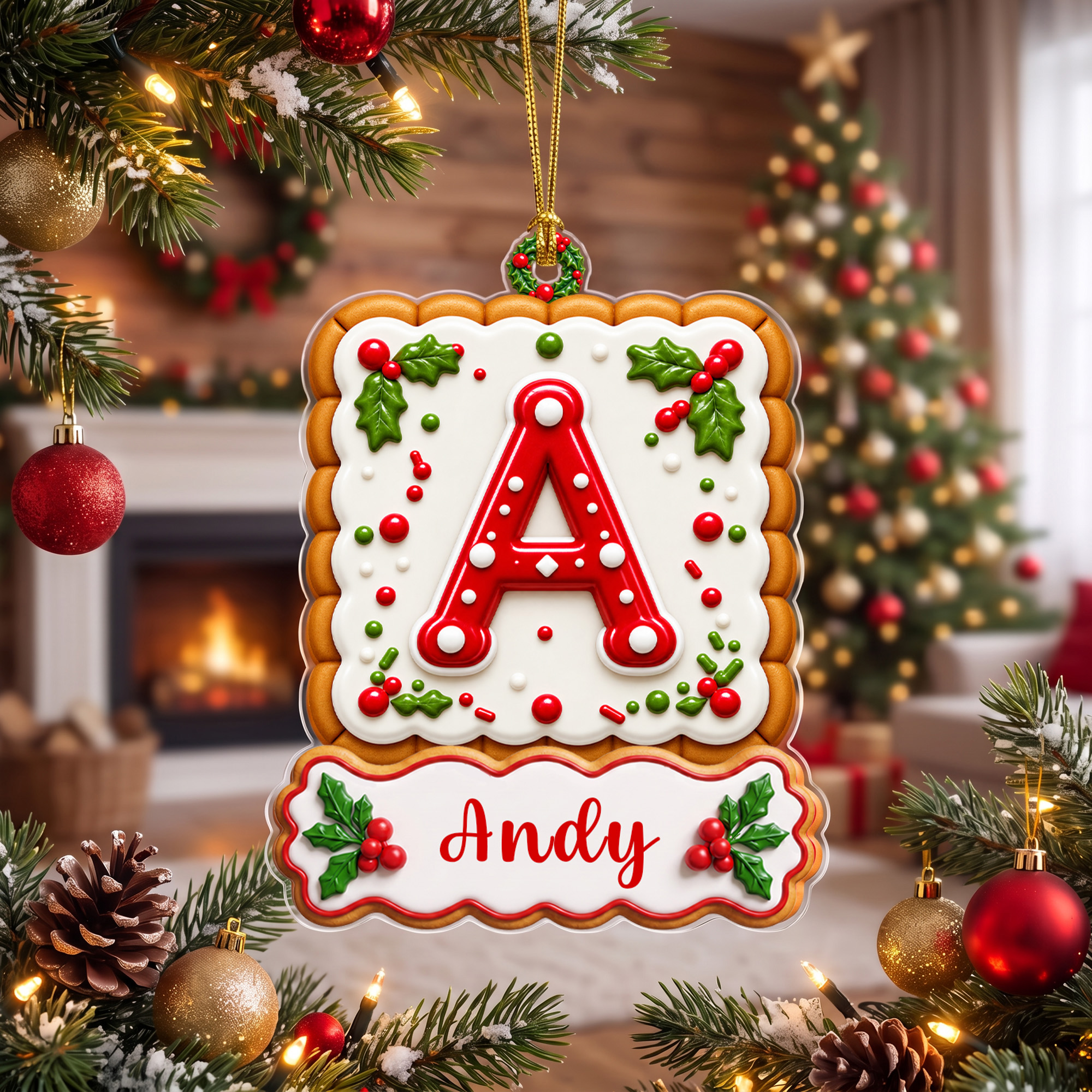 Personalized Holly Cute  3D-Effect Artwork Gingerbread Initial Acrylic Ornament with Name Home Tree Decor Christmas Gift for Family Children