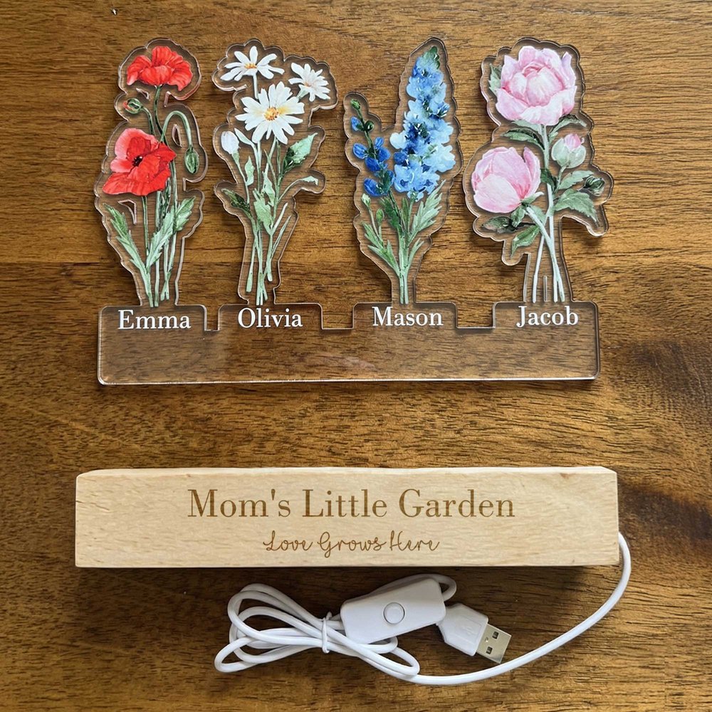 Personalised Dainty 1-8 Birth Flowers Acrylic LED Night Light with 1-8 Names and Wooden Base Christmas Birthday Gift for Mum Gran 5