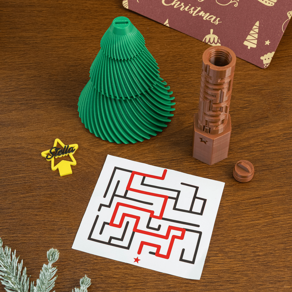 Caja-rompecabezas personalizada con labrado en 3D: árbol de Navidad, muñeco de nieve y laberinto; caja interactiva oculta y divertida para guardar dinero, con nombre; regalo de Navidad para niños, adultos y toda la familia 4