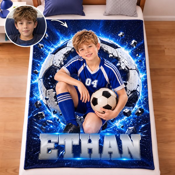 Couverture légère personnalisée pour garçon sur le thème du football, avec photo, prénom et numéro – Décoration d'intérieur, cadeau d'anniversaire sur le thème du sport pour un enfant passionné de football ou un jeune footballeur