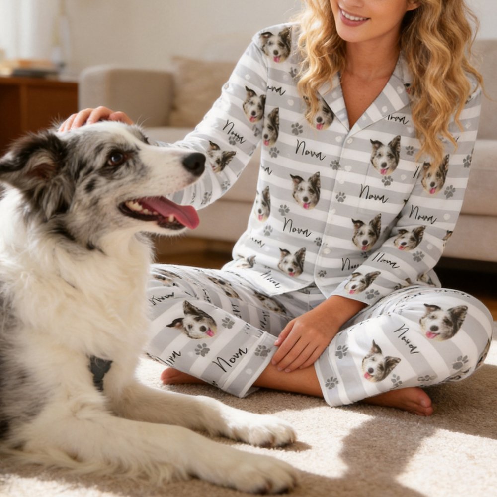 Personalised Pet Face Photo Striped Paw Heart Pattern Women Pyjama Set with Name Loungewear Daily Home Wear Birthday Gift for Pet Lovers  Best Friends 4