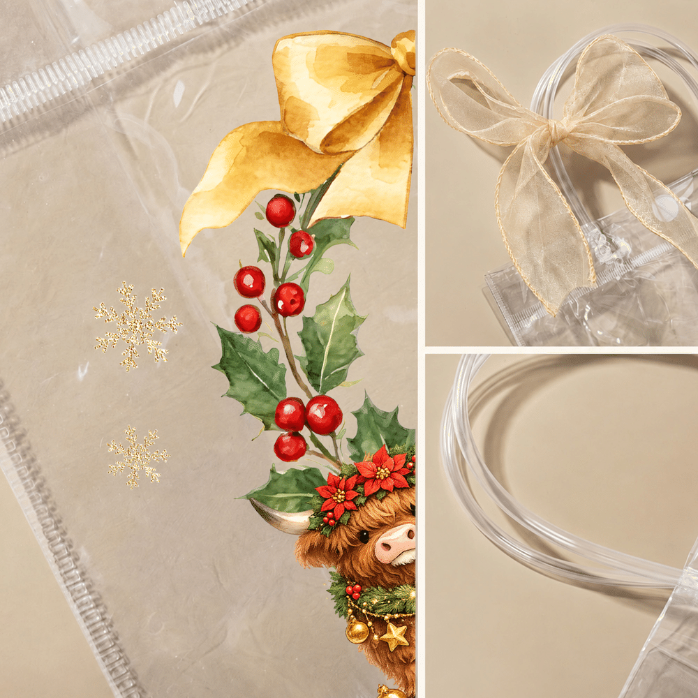 Personalised Highland Cow Christmas Wreath Transparent Gift Bag with Name Initial and Bow Christmas Gift for Family Children Highland Cow Lovers 6