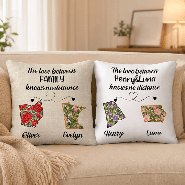 Personalized Long Distance Two States State Flowers Soft Throw Pillow Cover with Title & Name Home Decor Christmas Anniversary Gift for Besties Family