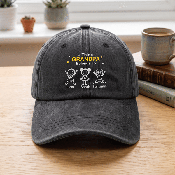 Personalized 1-10 Cute Line Cartoon Figures Washed Denim Baseball Cap with Name and Title Daily Wear Birthday Gift for Dad Grandpa