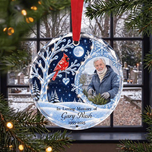 Personalized Winter Night Cardinal Snowflake Glass Acrylic Ornament with Name and Year Christmas Memorial Gift for Family