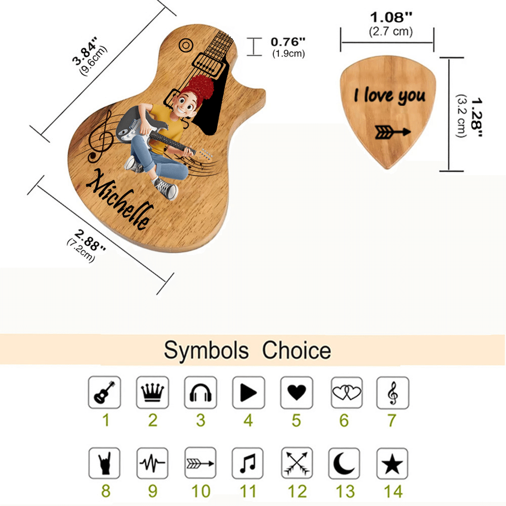 Étui porte-médiators en bois personnalisé avec personnage de dessin animé et effet 3D, comportant un texte avec le prénom et 3 médiators – Cadeau d'anniversaire pour les guitaristes et leurs parents 8