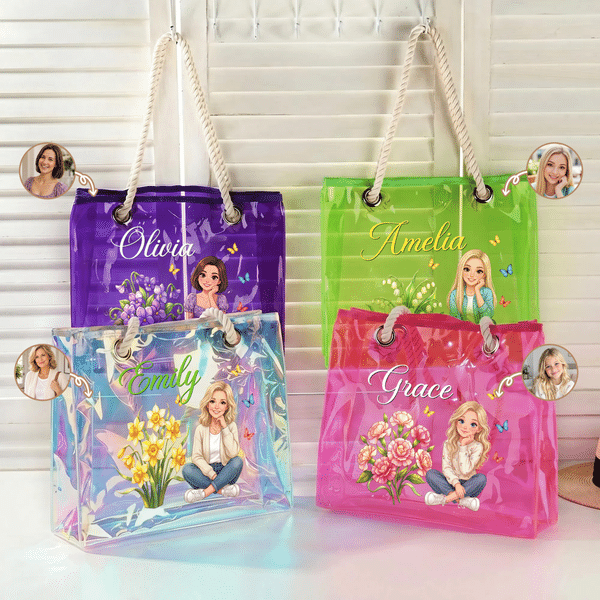 Personalized Cartoon Photo Birth Flower Waterproof Clear Tote Bag with Name Beach Party Holiday Birthday Gift for Brides Sisters Women