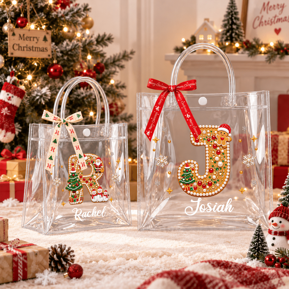 Bolsa de regalo transparente personalizada de Navidad con iniciales y diseño de abalorios, con el nombre del destinatario; regalo para fiestas navideñas y uso diario para niños 2