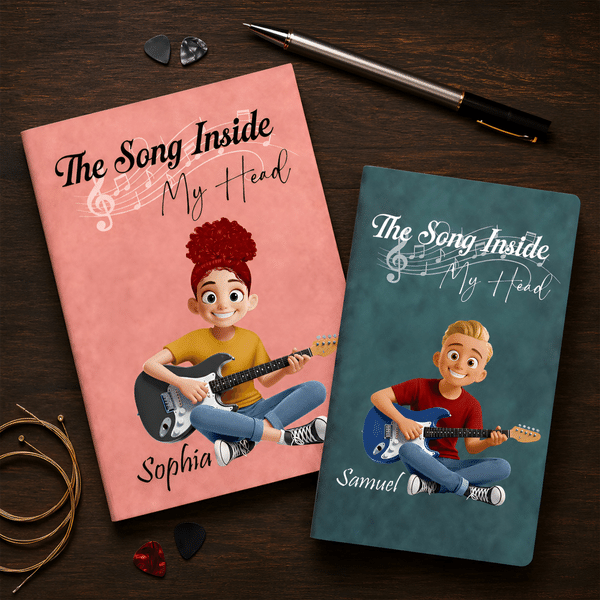 Personalised The Song Inside My Heart Guitar Cartoon Character A5 A6 Notebook with Name Birthday Music Festival Gift for Music Lover Musician Reader