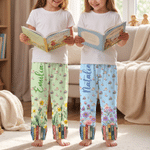 Personalised Birth Flower Book Lover Soft Pyjama Bottoms with Name Daily Wear Birthday Christmas Gift for Bookworms Women Girls