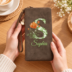 Personalised Birth Flower PU Leather Wallet with Name and Wrist Strap Daily Use Birthday Anniversary Gift for Mother Woman Girlfriend Bridal