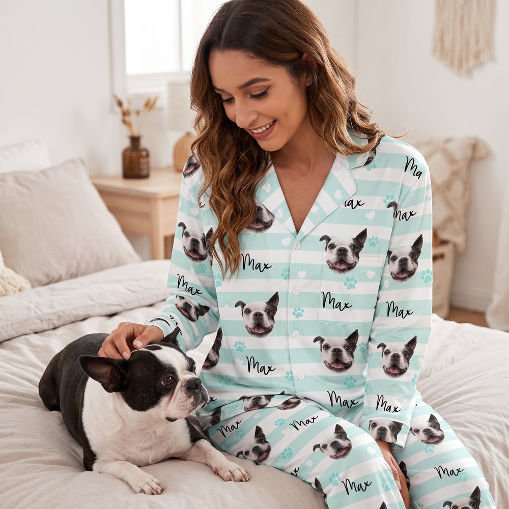 Personalised Pet Face Photo Striped Paw Heart Pattern Women Pyjama Set with Name Loungewear Daily Home Wear Birthday Gift for Pet Lovers  Best Friends 2