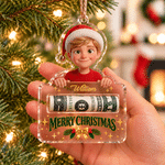 Personalisiertes 3D-Effekt-Kunstwerk: Cartoon-Weihnachtsfigur mit auf der Hand ruhender Figur – Foto-Acryl-Anhänger mit Namen – Weihnachtsgeschenk für Familie und Freunde