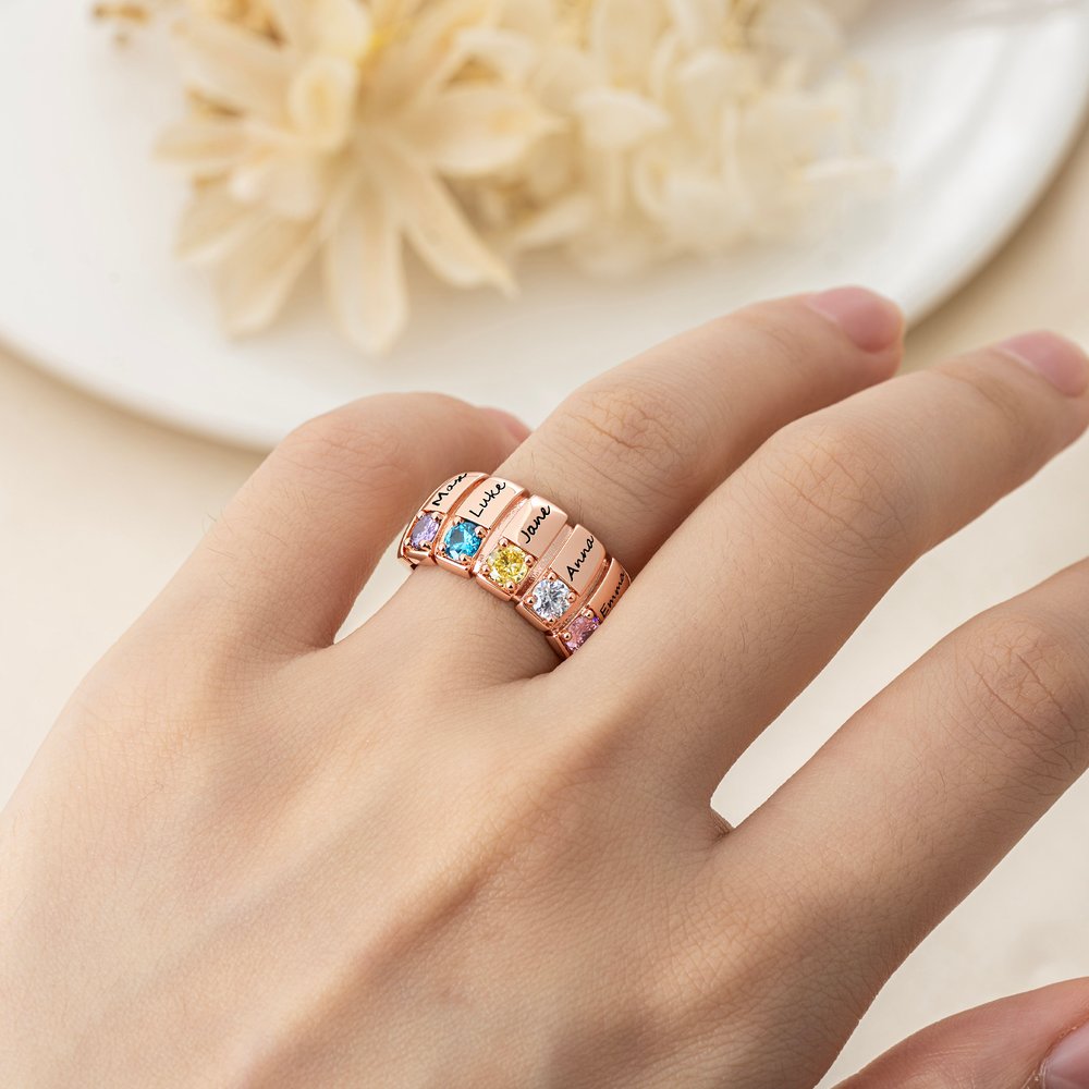 Personalised 1-6 Family Birthstones Sterling Silver Ring with Engraved Names Dainty Jewellery Birthday Christmas Gift for Family 4