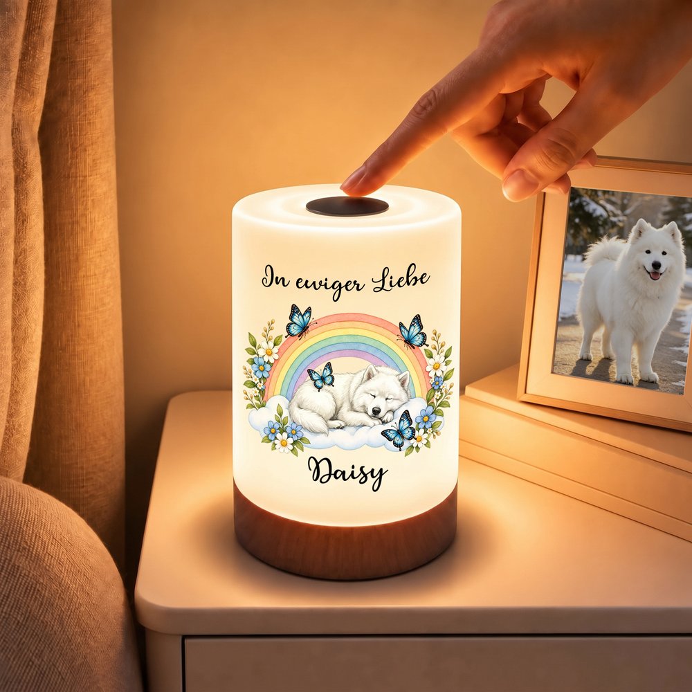Personalisiertes Nachtlicht mit Haustierengel, Trauerspruch & Namen | Kabellos & Dimmbar | Regenbogenbrücke | Trauergeschenk für Herrchen & Frauchen 3