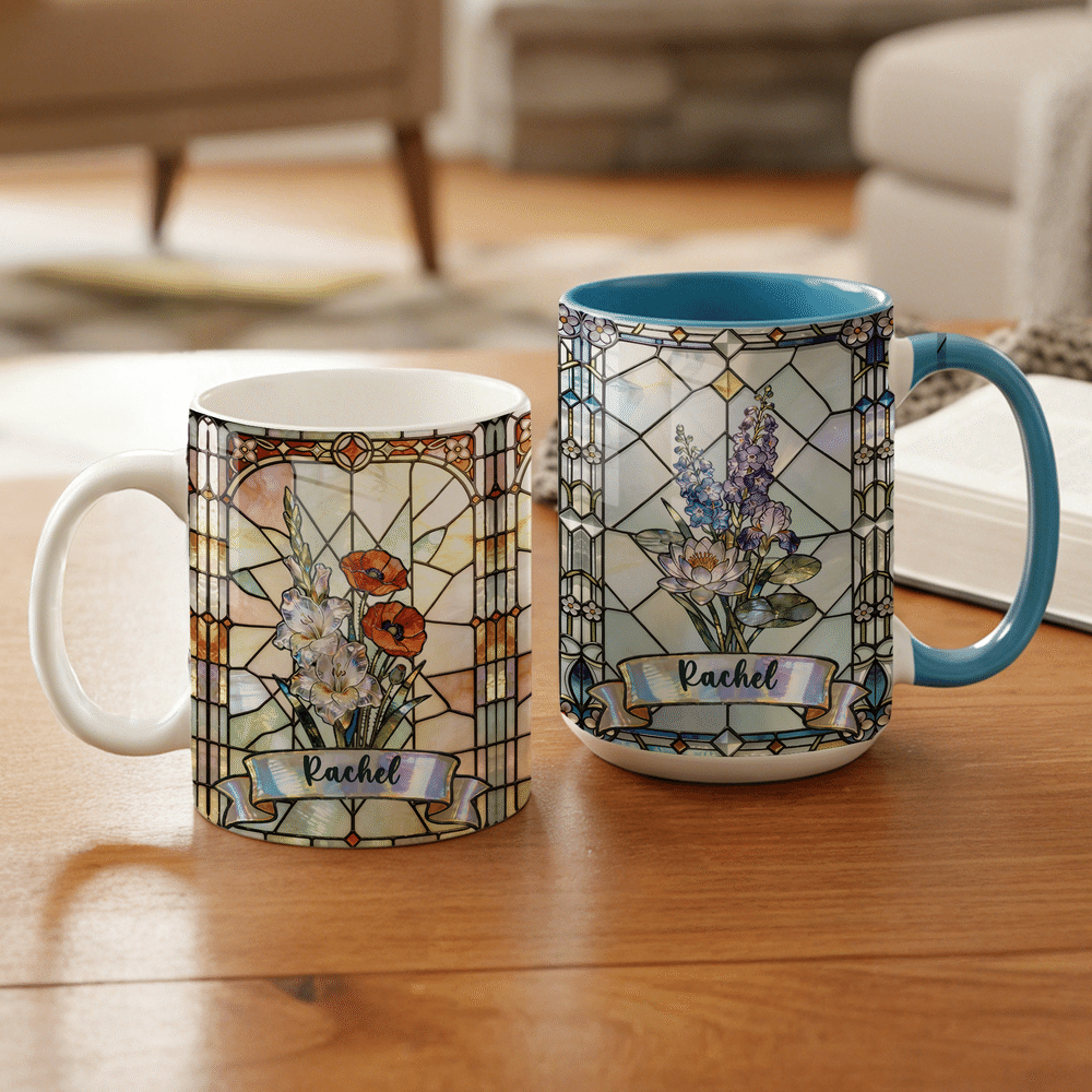 Personalised Stained Glass Birth Month Flower Mug with Coaster with Name Birthdays, Anniversaries Mother's Day Gift for Her 5