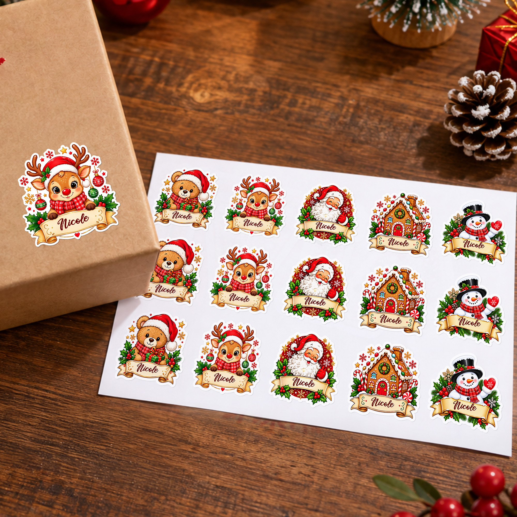Individuell gestaltete, niedliche Aufkleber und Etiketten mit Weihnachtsmotiven, wasserfest, mit Namen – als Geschenkdekoration und Weihnachts-Partygeschenke für Familie und Freunde