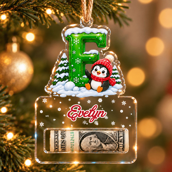 Adorno navideño de acrílico personalizado con inicial, diseño artístico con efecto 3D, nombre y compartimento para dinero; decoración para el árbol; regalo de Navidad para la familia, los amigos y los niños