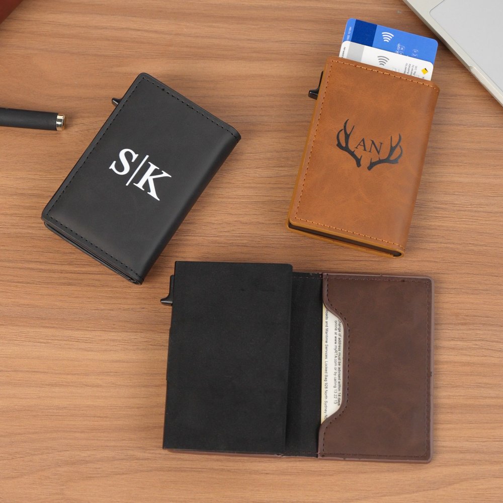 Personalized Minimalist Monogram PU Leather RFID Blocking Pop Up Wallet with Card Slots Business Trip Birthday Gift for Man Dad Husband 3
