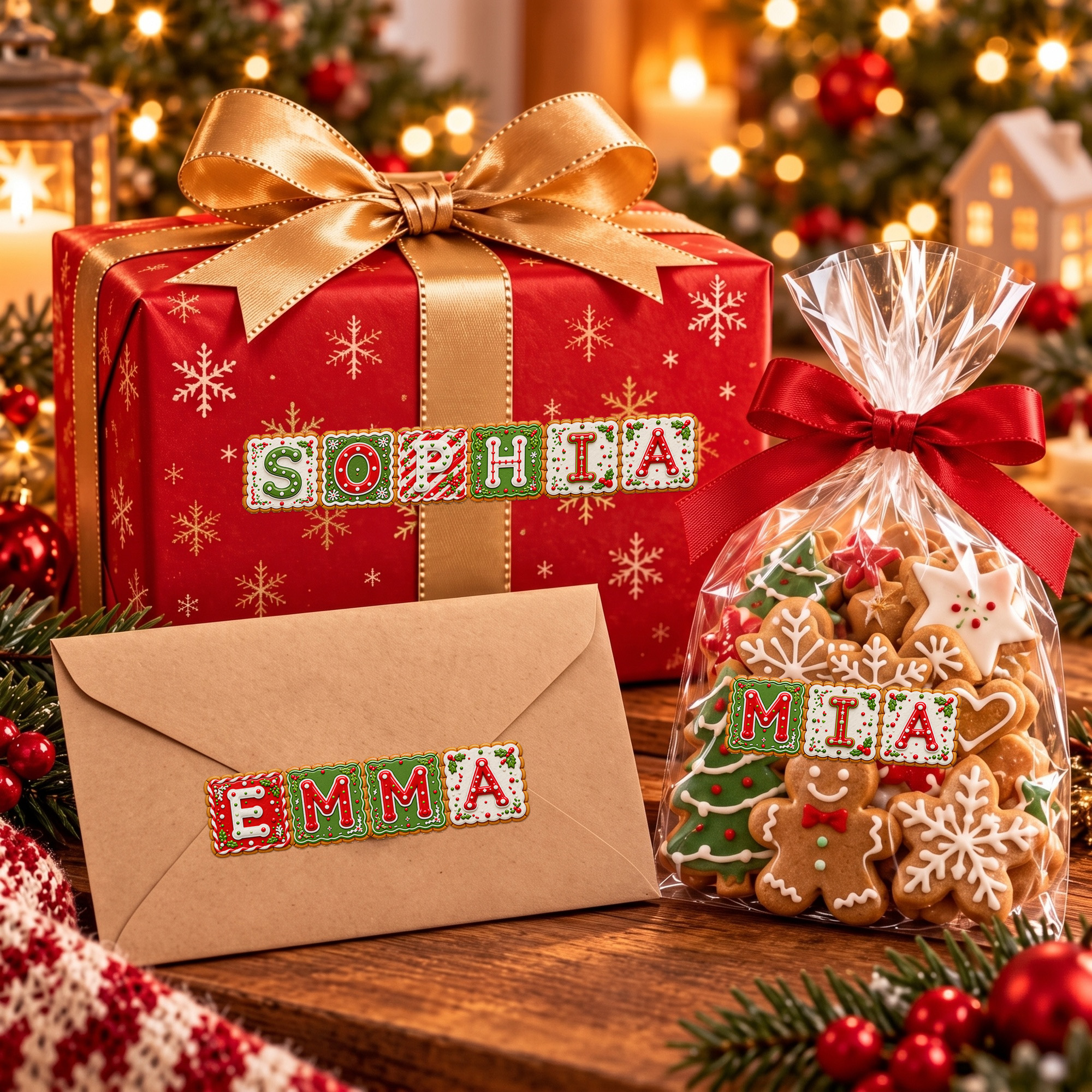 Individuell gestaltete, wasserfeste Aufkleber mit Weihnachtsmotiv und Namen aus Lebkuchen – Weihnachtsdekoration und Partygeschenke für Familie und Freunde