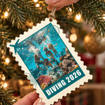 Décoration de Noël en bois personnalisée avec photo de voyage et tampon, ornement en forme d'arbre avec inscription – Cadeau d'anniversaire de mariage pour la famille ou les amis