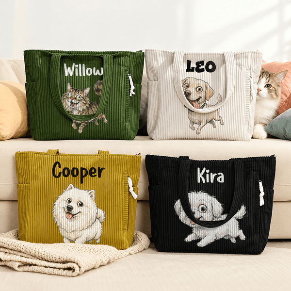 Personalised Funny Pet Photo Corduroy Tote Bag with Name Daily Use Pet Party Birthday Gift for Pet Owners Lovers