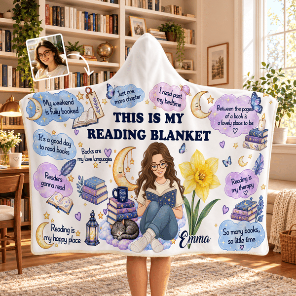 Personalized Birth Flower Reading Themed Photo Soft Throw Hooded Blanket with Name Book Club Birthday Christmas Gift for Bookworms Readers Friends