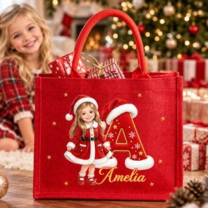 Personalized Cartoon Christmas Style 3D Character Photo Burlap Tote Bags with Name Christmas Eve Gift for Kids Girls Boys