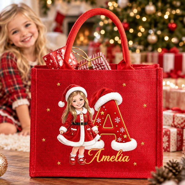 Personalized Cartoon Christmas Style 3D Character Photo Burlap Tote Bags with Name Christmas Eve Gift for Kids Girls Boys