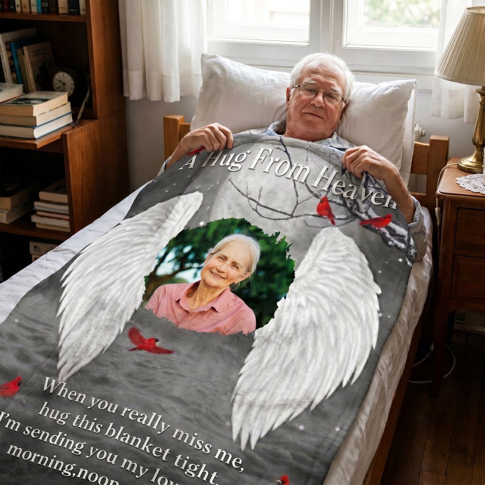 Personalized Angel Wings A Hug From Heaven Soft Throw Blanket with Photo Daily Use Memorial Sympathy Gift for Family 5